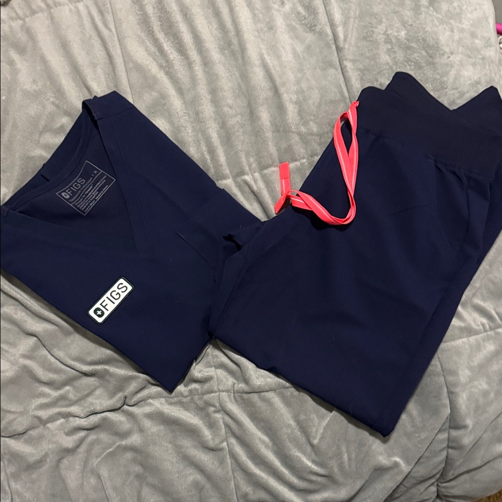 FIGS Navy Scrub Top and Pants with Pink Drawstring